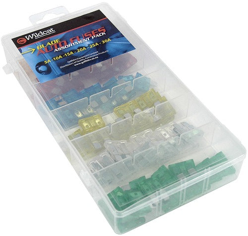 Blade Fuse Assortment - Wildcat featuring 12 fuses each of 5A-30A in a convenient plastic display case for automotive repairs.