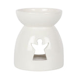 Elegant white ceramic oil burner with angel cutout, perfect for creating soothing aromas and enhancing home ambiance.