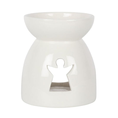 Elegant white ceramic oil burner with angel cutout, perfect for creating soothing aromas and enhancing home ambiance.