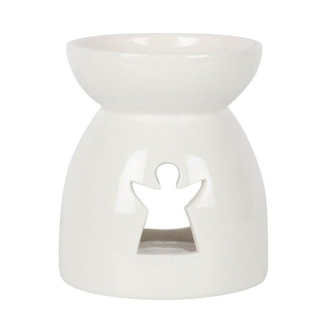 Elegant white ceramic oil burner with angel cutout, perfect for creating soothing aromas and enhancing home ambiance.
