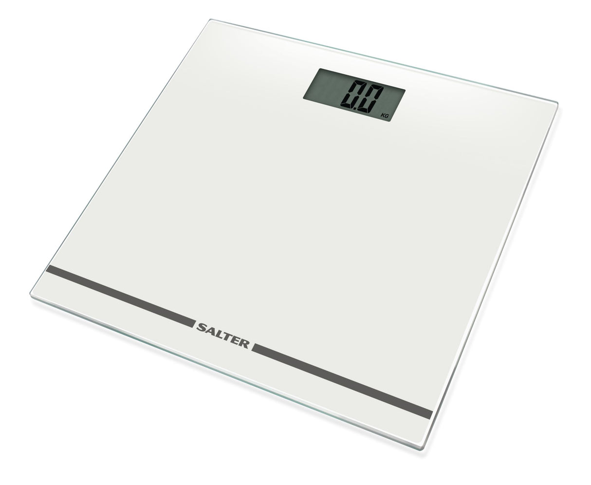 Salter Large Display Electronic Personal Scale with toughened glass, LCD readout, and carpet feet for accurate weighing.