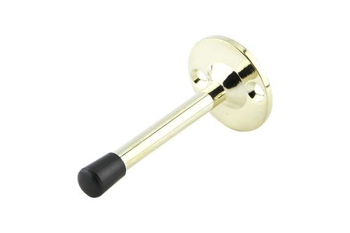 Brass plated 75mm door stop with durable steel, stabilizing base, and plastic tip for wall protection and style.