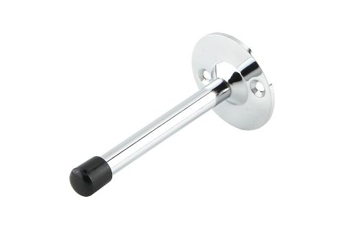 Chrome-plated 75mm door stop with steel base and plastic tip, designed for style and wall protection in any room.