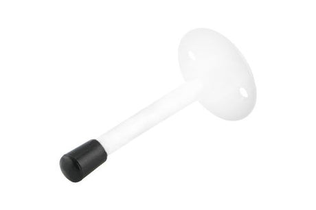 75mm white powder-coated door stop, robust steel design with a protective tip, ideal for enhancing and securing door functionality.