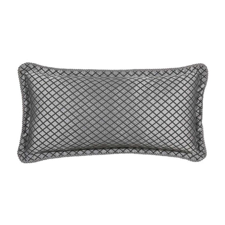 Long Lancaster Silver Cushion from Davinci, featuring diamond quilting, twisted rope trim, and artistic fringed ends. 30 x 60cm.