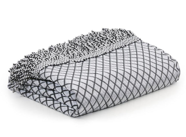 Elegant Lancaster Silver Throw from DaVinci, featuring diamond quilting, twisted rope cord trim, and stylish fringing.