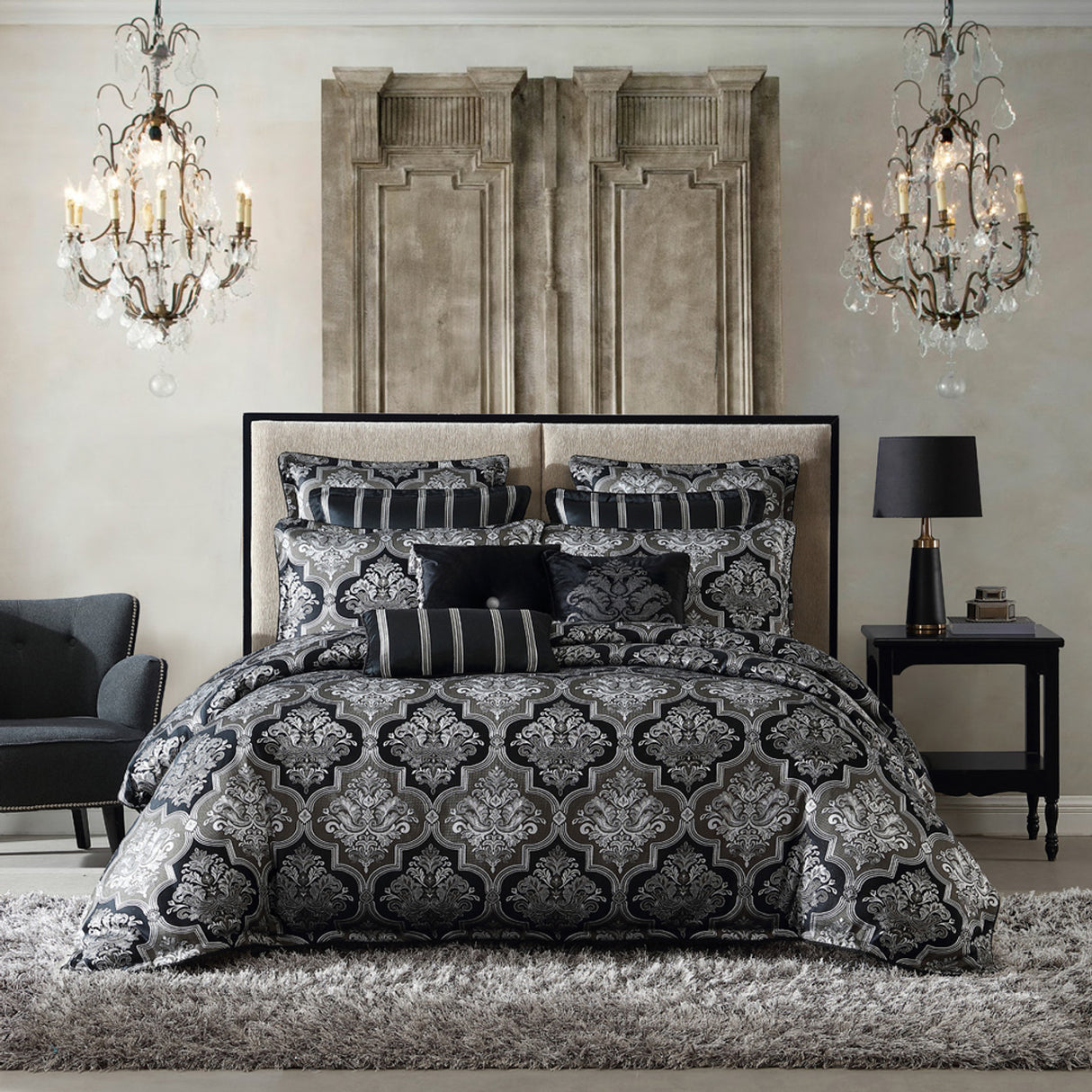 Chamonix Silver King Duvet Cover Set featuring elegant black and silver damask motifs with reversible quilt cover and pillowcases.