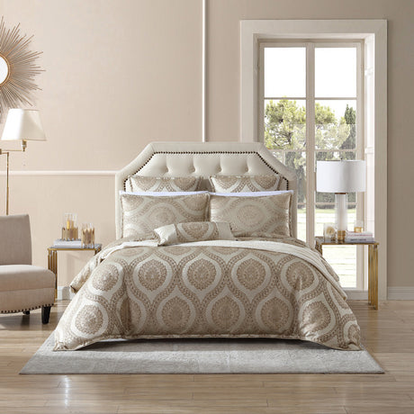 Luxurious king duvet cover set in gold with Italianesque motifs, tassels, and textured patterns for a stylish bedroom makeover.