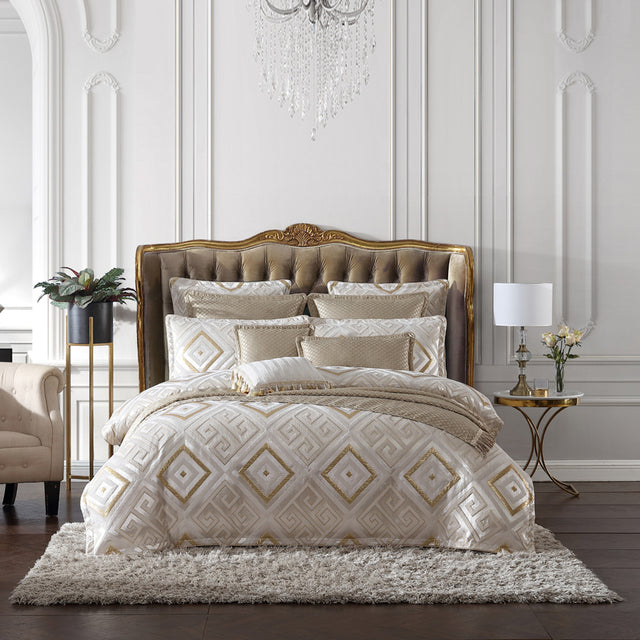 Queen Duvet Cover Set in Santos Snow features gold metallic sheen, textured chenille, and Greek key motif for luxury decor.