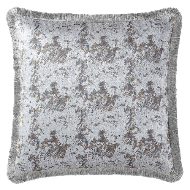 Luxurious European Pillowcase in Trieste Silver featuring a jacquard weave, metallic threads, and elegant silver fringing.