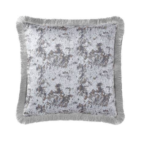 Luxe triangular silver cushion with jacquard weave, metallic threads, and thick fringing for elegant home decor.