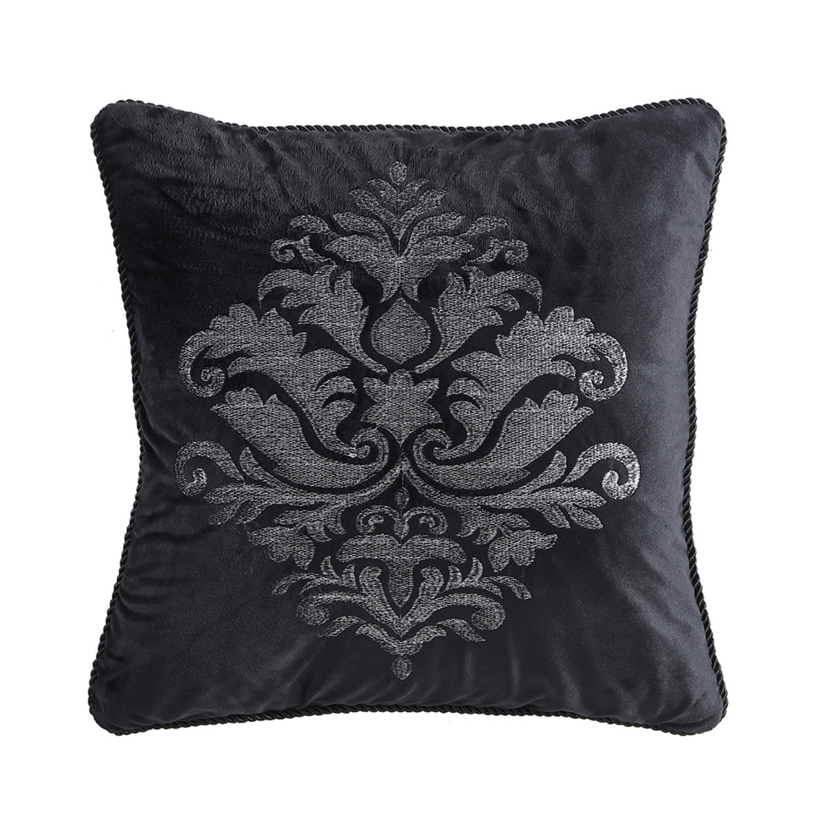 Elegant Chamonix silver embroidered cushion with reversible damask and stripe design, perfect for luxurious home decor.