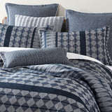 Queen duvet cover set in slate blue and silver grey with stripes and geometrics, featuring self-flange and cord piping details.