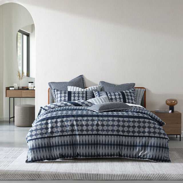 Elegant King Duvet Cover Set in slate blue and silver grey with striped and geometric patterns, featuring self-flange and cord piping.