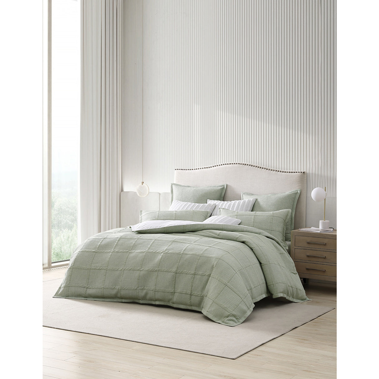 Luxurious King Duvet Cover Set in sage green with textured design, concealed buttons, and soft cotton-poly blend.