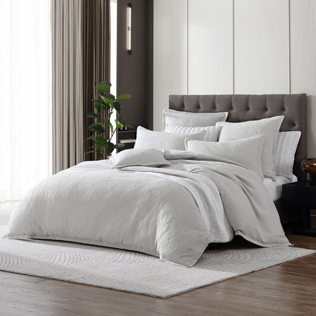 Queen Duvet Cover Set - Nara Stone featuring a stylish basket weave design in soft cotton/polyester blend for a chic bedroom look.