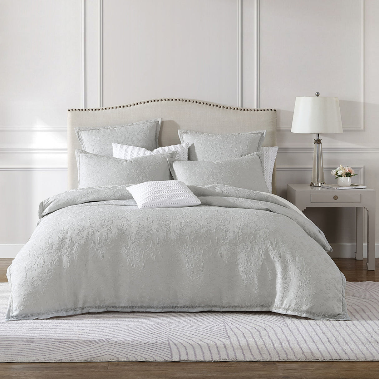 Queen Duvet Cover Set in Valentina Cloud design featuring floral clusters and silver braid for elegant bedroom decor.