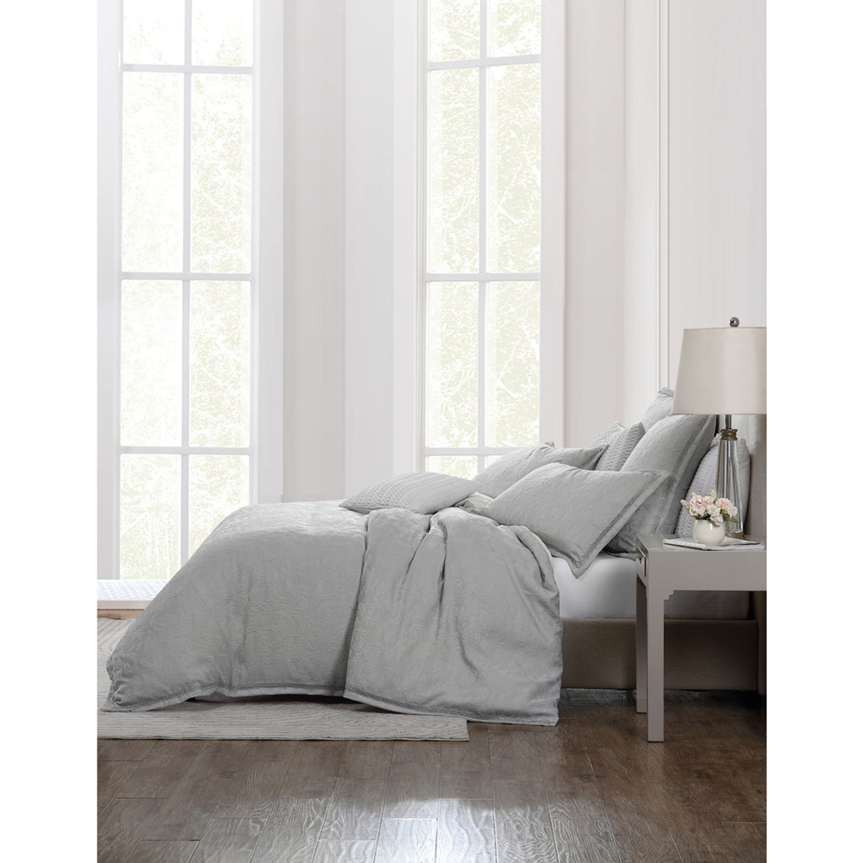 Elegant Queen Duvet Cover Set featuring floral clusters and tonal silver braid, perfect for a serene bedroom ambiance.