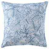 European pillowcase with a denim look, adorned in tonal blues and jungle foliage, combining style and comfort for your bedroom.