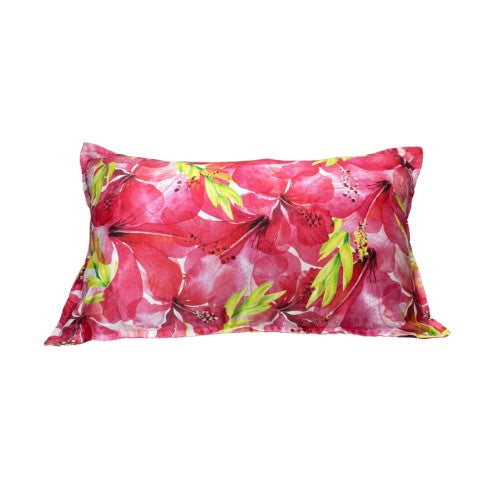 Aviary Green Rectangle Cushion with pink hibiscus design, 100% cotton sateen, 30 x 50cm, flanged edging for added style.