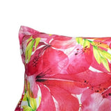 Aviary Green Rectangle Cushion featuring pink hibiscus flowers, 100% cotton sateen, 30 x 50cm, with elegant flanged edging.