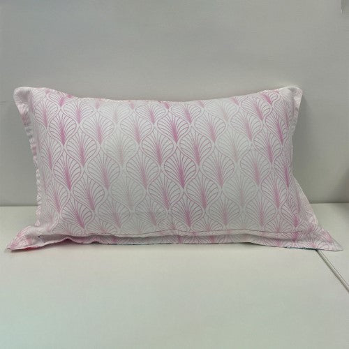 Soft pink botanical cushion with a luxe sateen finish, perfect for summer decor, featuring a zip opening and plush support.