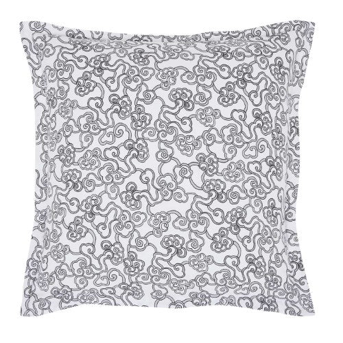 Elegant black European pillowcase featuring cranes, cherry blossoms, and Chinese fans, crafted from 100% cotton for a serene decor.