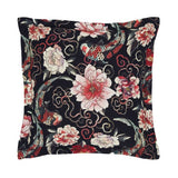 Elegant black pillowcase featuring cranes, cherry blossoms, and Chinese fans for a serene, boho-inspired bedroom decor.