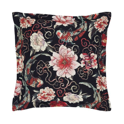 Black square cushion featuring crane and cherry blossom designs, crafted from 100% cotton for a stylish, Zen-themed decor.