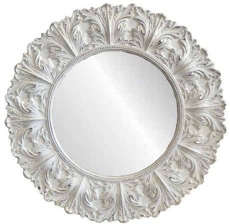 Round ornate antique white mirror (158cm) with intricate design, perfect for elegant home decor in any space.