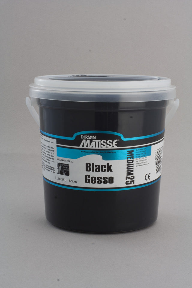 MATISSE MM25 Black Gesso 1L, a versatile primer for canvas, paper, and wood, ensuring excellent coverage for acrylics and oils.