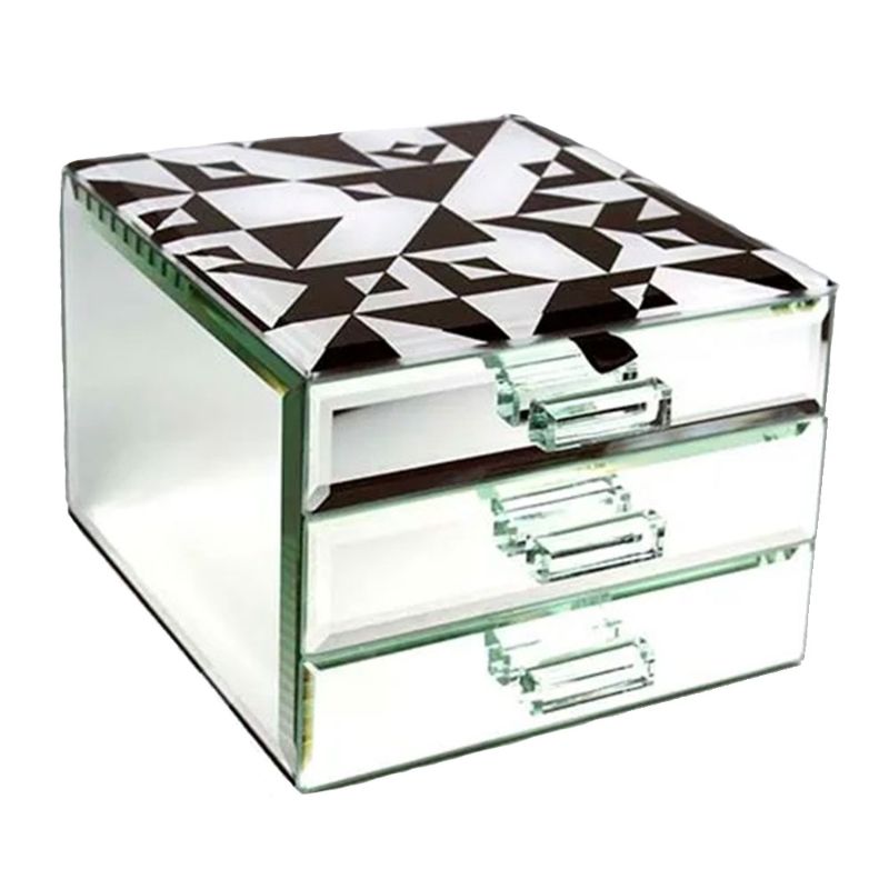 Elegant glass jewellery box with 2 felt-lined drawers and maze pattern for organized storage of rings, necklaces, and earrings.