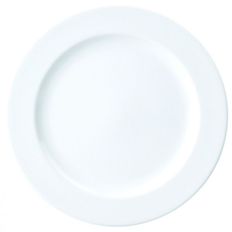 Set of 12 Royal Porcelain Round Plates with smooth white finish, double glazing, and high durability for elegant dining.