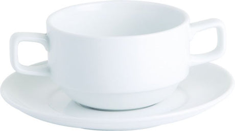 Set of 12 Royal Porcelain soup cups, 0.28lt, featuring double handles, durable, chip-resistant, white finish.