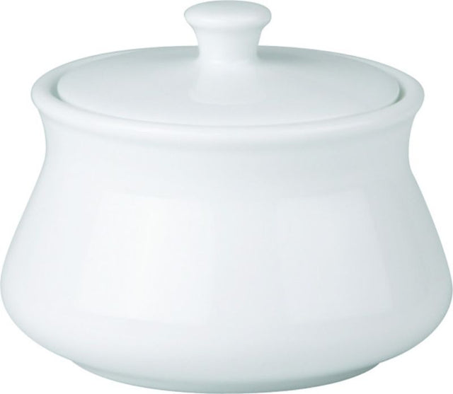 Set of 12 glossy white porcelain sugar bowls with lids, durable and scratch-resistant, perfect for any dining occasion.