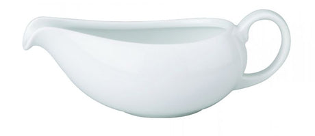 Set of 2 Royal Porcelain gravy boats, smooth white finish, scratch-resistant, elegant for serving sauces and gravies.