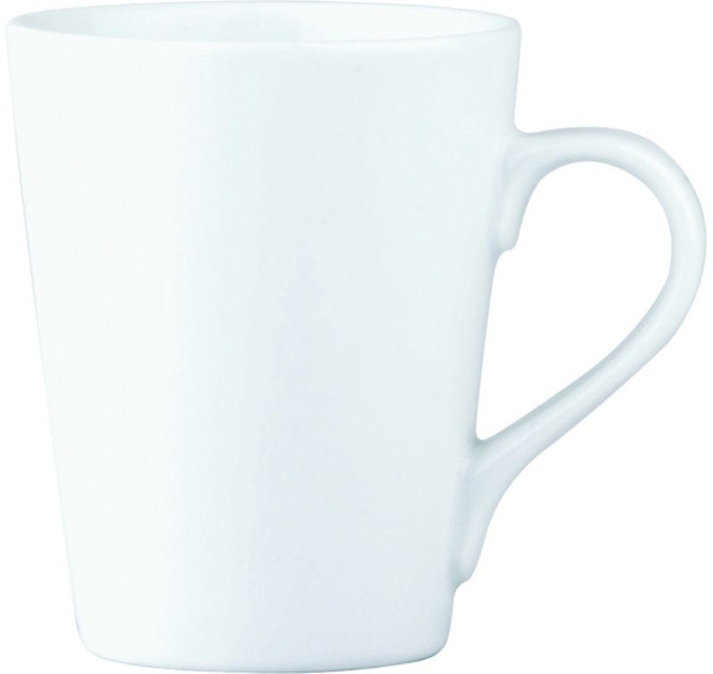 Set of 12 durable Royal Porcelain coffee mugs, each 0.37L, featuring a smooth white finish and resistant to scratches and chips.