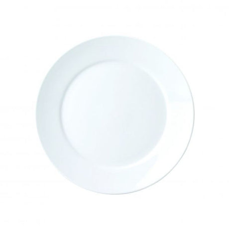 Set of 12 Royal Porcelain round plates with a smooth white finish, scratch-resistant, elegant for any dining occasion.