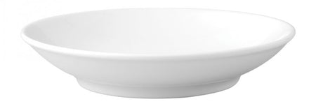 Elegant set of 12 round porcelain coupe plates, smooth white finish, durable and perfect for any dining occasion.