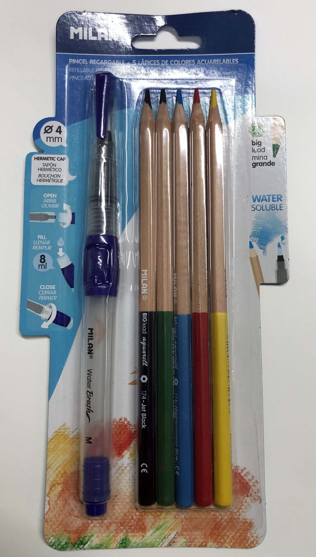 Water brush with five vibrant water-soluble pencils for seamless blending and vibrant watercolor artwork.