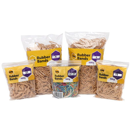 Marbig Rubber Bands Size 109 in a 100gm Ziplock bag, ideal for organizing and bundling tasks with reliable elasticity.