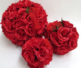 Elegant red silk rose ball (15cm) with looped ribbon, perfect for weddings and festive celebrations.