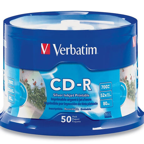 VERBATIM CD-R 700MB 52X with inkjet surface for vibrant printing, pack of 50 in 6 value packs, ideal for data storage and archiving.