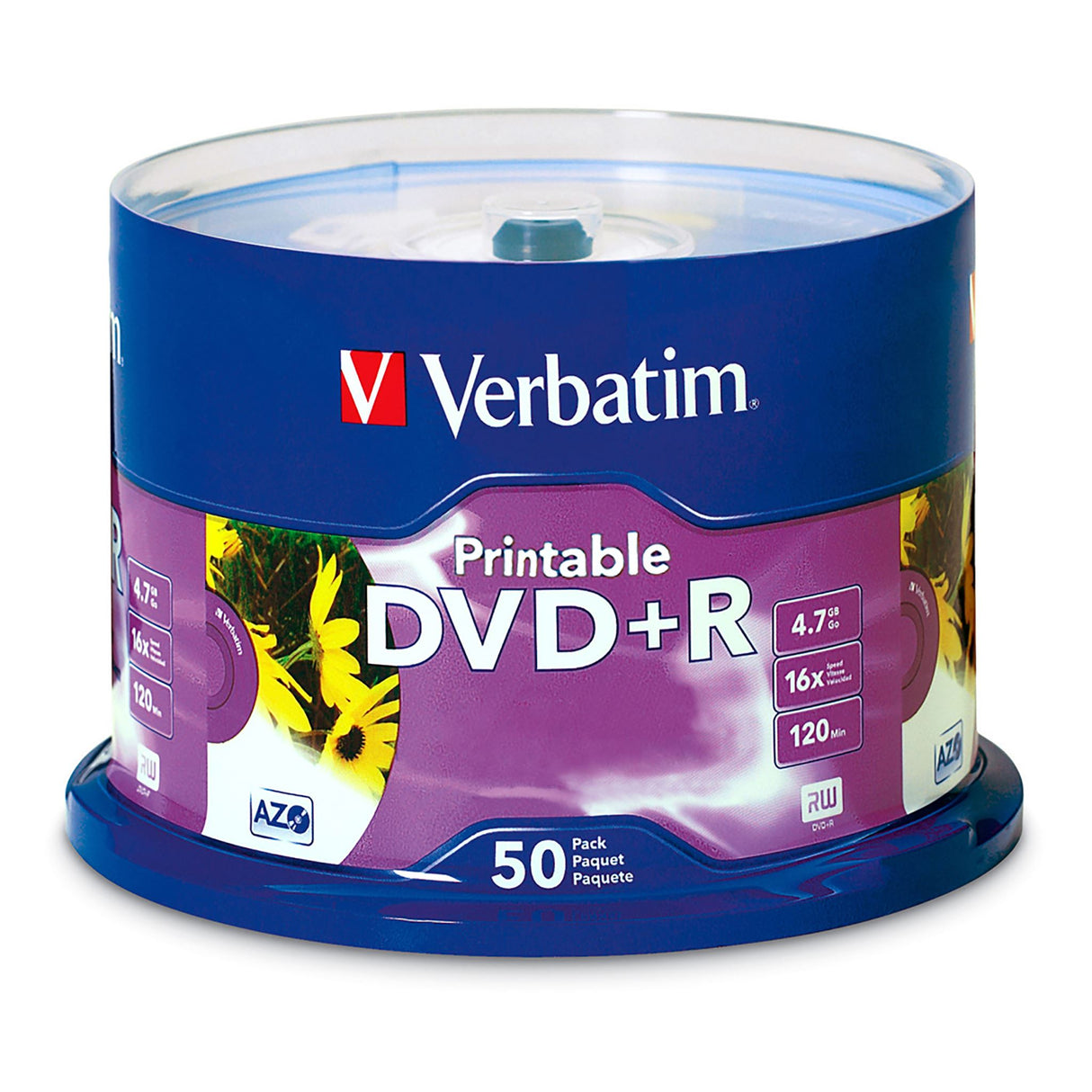 VERBATIM DVD spindle with 50 write-once 4.7GB DVD+R discs, ideal for data archiving and home video recording.