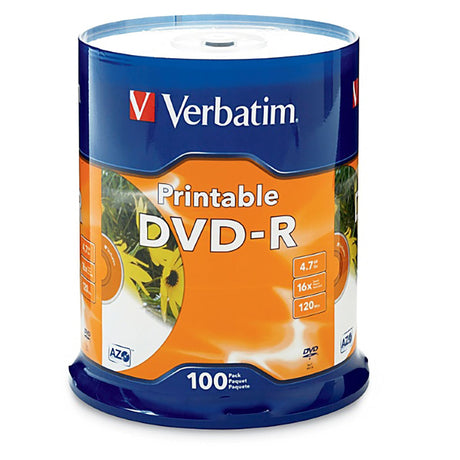 Verbatim DVD spindle of 100 4.7GB DVD-R discs, white printable surface for data storage and media archiving.