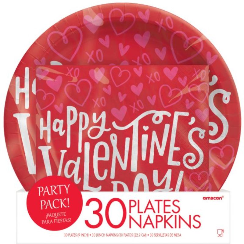 Vibrant 22cm plates and napkins pack for Valentine's Day celebrations, featuring heart and rose designs, perfect for parties.