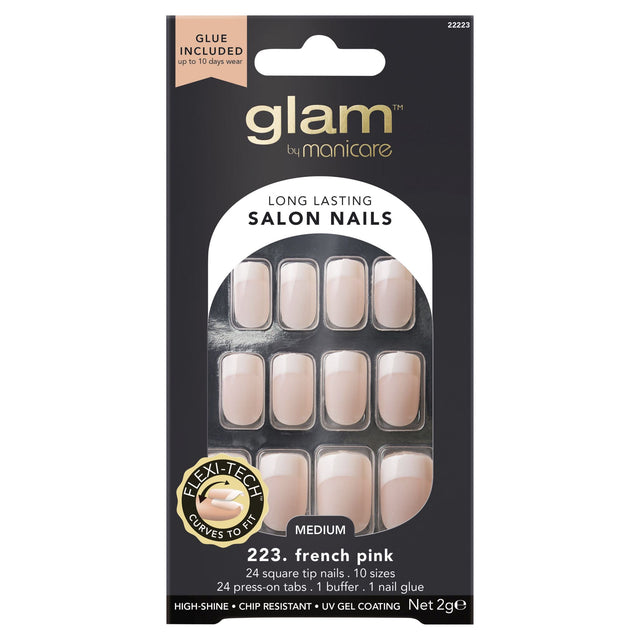 Glam By Manicare 223 French Pink square nails: 24 press-on nails in 10 sizes, perfect for effortless chic manicures.