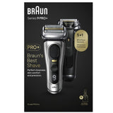 Braun Series 9 Pro+ shaver features 6-in-1 SmartCare, precision trimmer, waterproof design, and 60-minute battery life.