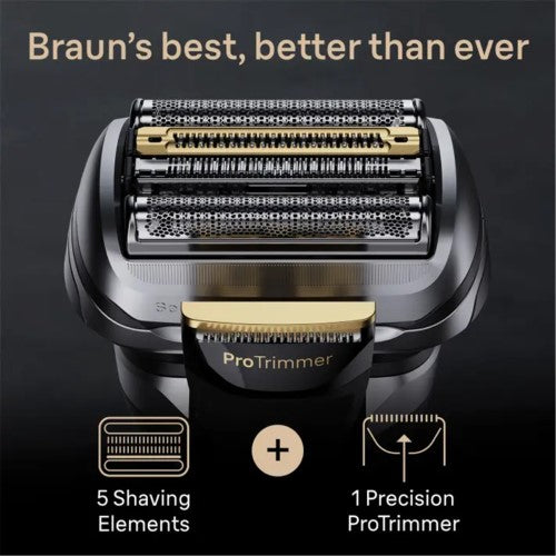 Braun Series 9 Pro+ shaver with built-in SmartCare Center, precision trimmer, and waterproof design for versatile grooming.