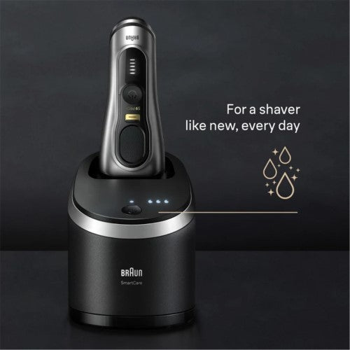 Braun Series 9 Pro+ shaver with 6-in-1 SmartCare Center, designed for ultimate closeness and skin comfort in wet or dry use.